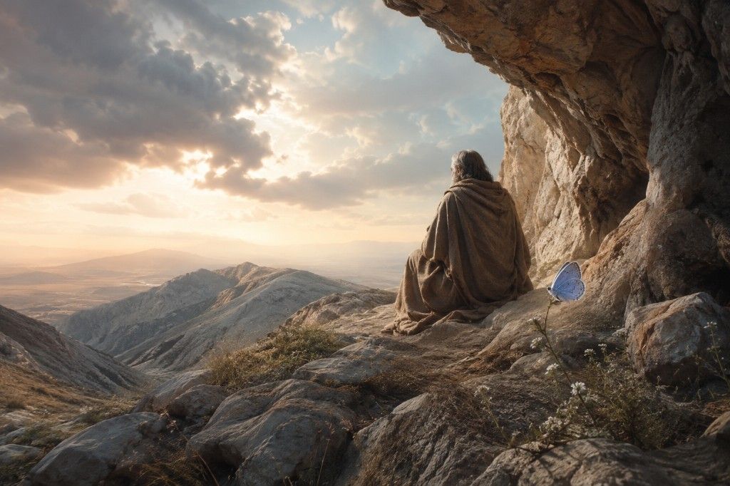 Elías sentado junto a una cueva en la montaña, ante un horizonte sereno, con una pequeña mariposa azul cercana.