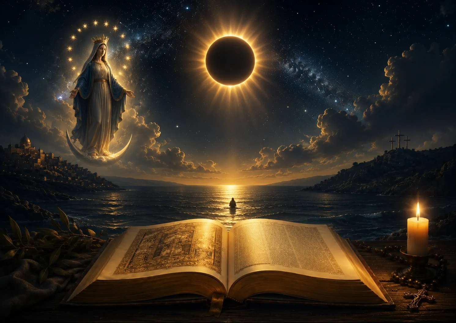 Eclipse solar sobre un paisaje celeste con una figura mariana coronada de estrellas, portada de Bible Pulse de agosto de 2026.