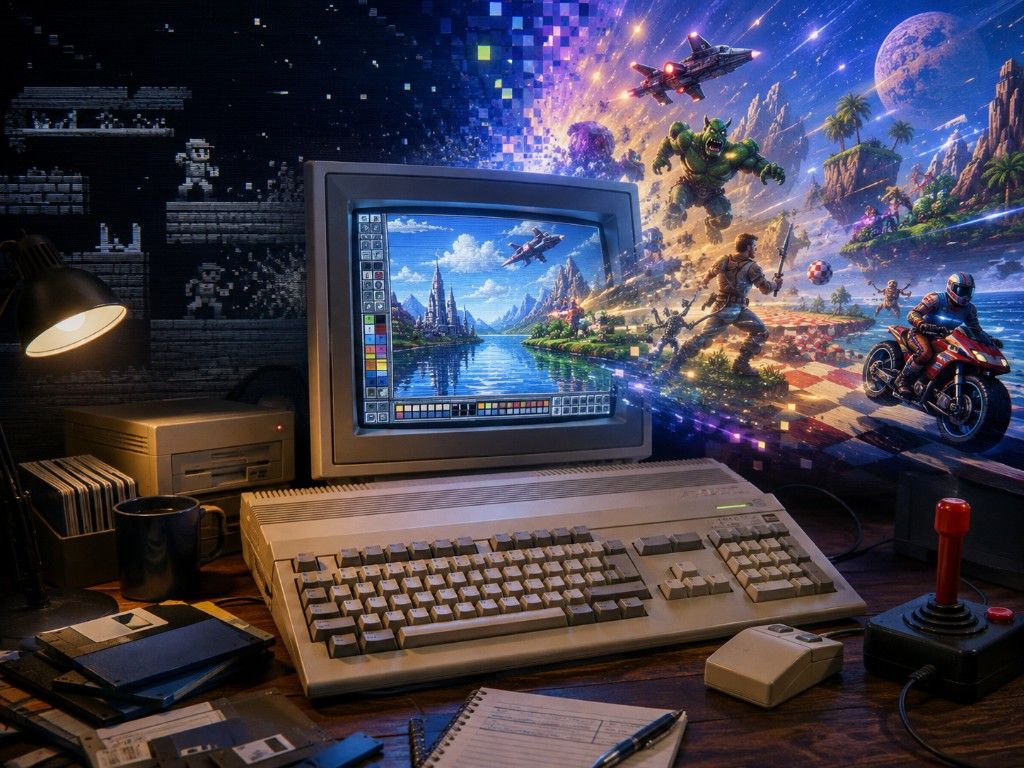 Ilustración de un Commodore Amiga 500 sobre un escritorio con monitor CRT; personajes y escenas de videojuegos emergen coloridos desde la pantalla, en contraste con gráficos pixelados en 8 bits al fondo.