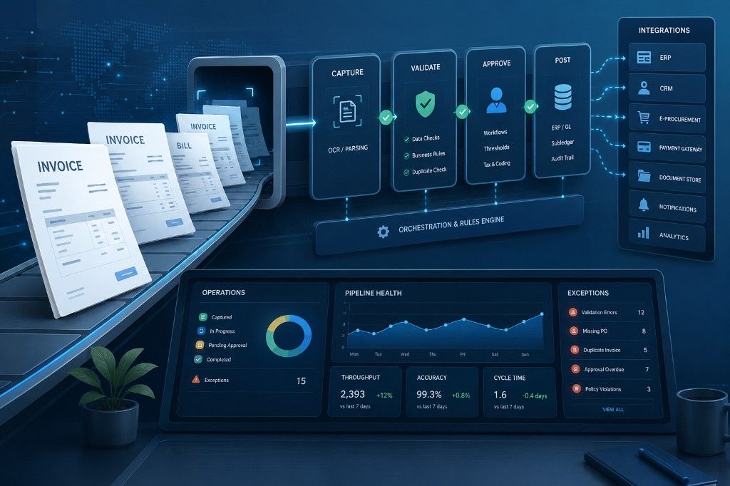 Pipeline de facturas con etapas Capture, Validate, Approve y Post, integraciones y panel de operaciones.