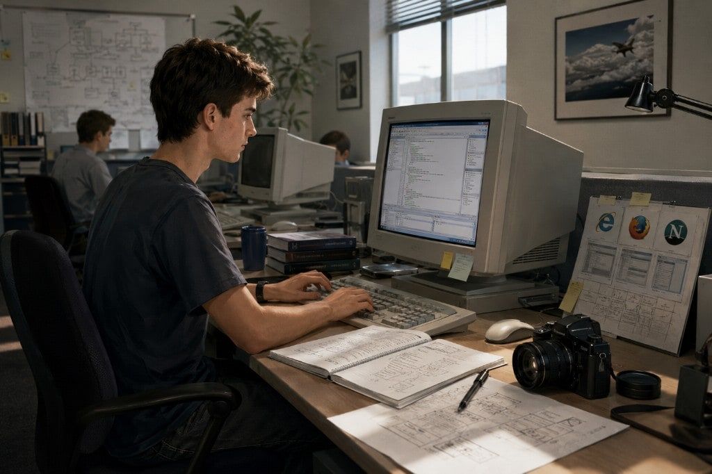 Ilustración de un joven desarrollador trabajando en una oficina de principios de los 2000 frente a un monitor CRT con código.