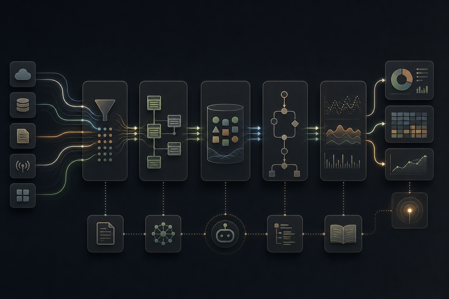 Un flujo arquitectónico de datos que conecta ingesta, almacenamiento, orquestación, observabilidad y resultados analíticos.