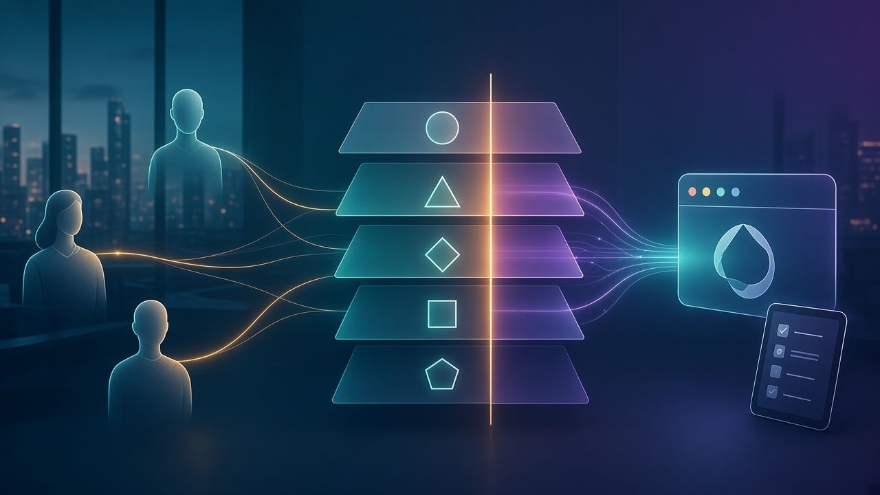 Capas luminosas de desarrollo, calificación, integración, entrega y cierre, atravesadas por una frontera ámbar de mutación, con director, implementer y revisora humana a la izquierda y superficies de aceptación a la derecha.