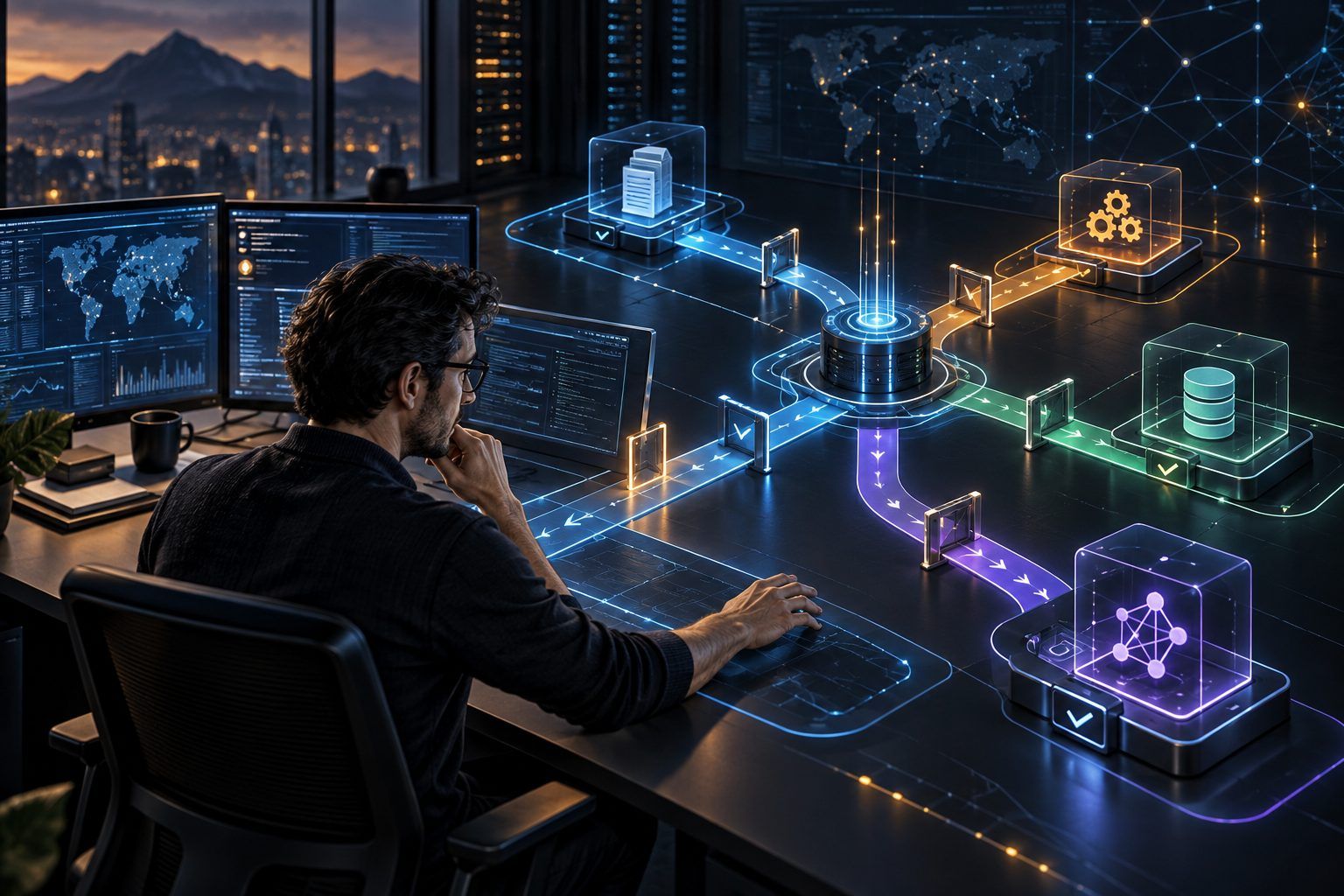 Arquitecto de software dirigiendo rutas luminosas y acotadas hacia varios agentes, con gates de verificación y un nodo central de coordinación.