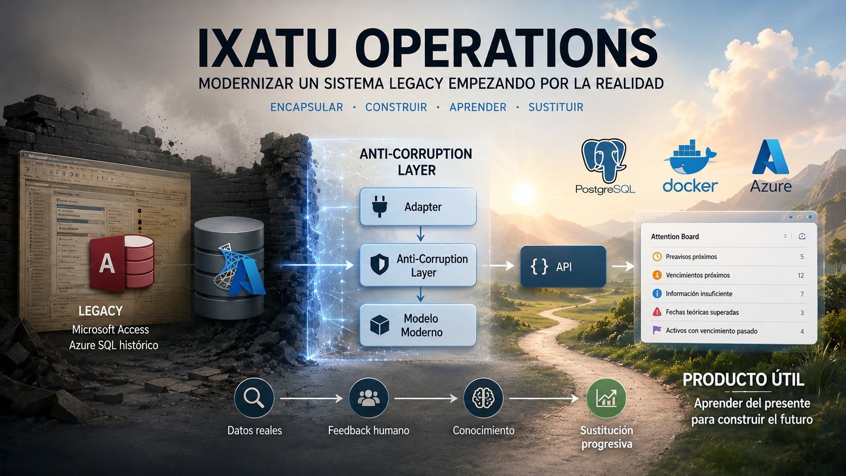 Transición visual desde Microsoft Access y Azure SQL histórico, a través de una Anti-Corruption Layer, hacia una API, un Attention Board y la sustitución progresiva.