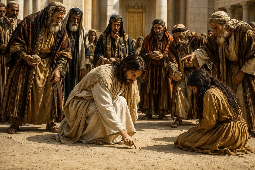 Jesús arrodillado escribiendo en el polvo del atrio mientras la mujer adúltera y los acusadores con piedras le rodean.