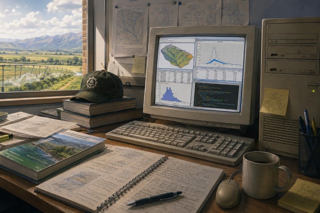 Ilustración de un PC mostrando una cuenca, gráficas hidrológicas, datos y código junto a apuntes de un proyecto universitario.
