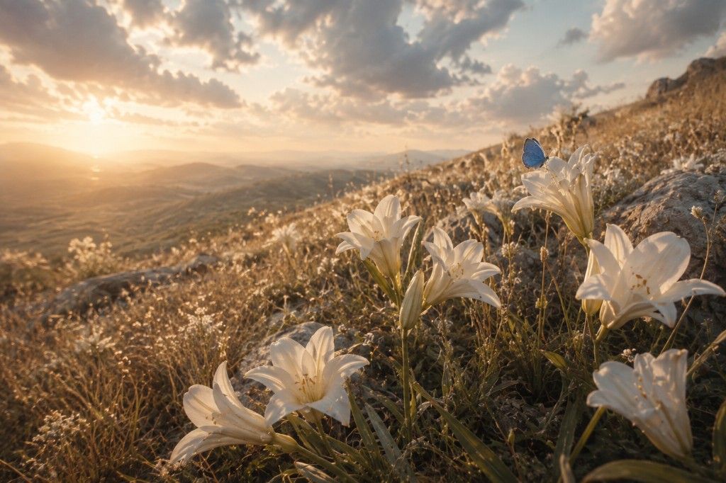Lirios blancos iluminados por el atardecer en una ladera de montaña, con una pequeña mariposa azul.