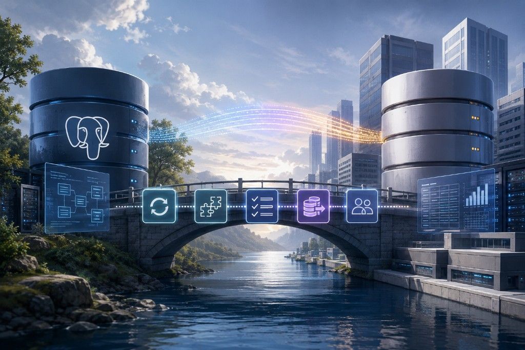 Dos bases de datos PostgreSQL y Azure SQL conectadas por un puente de migración con fases de sync, integración y verificación.