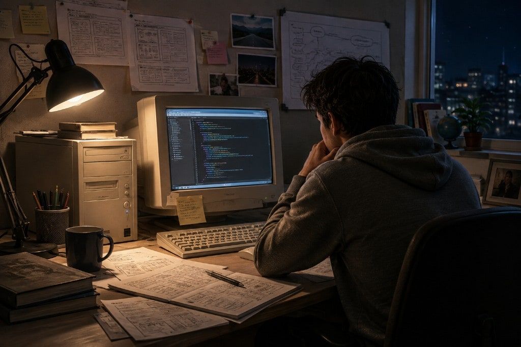 Ilustración de un programador trabajando de noche frente a un PC entre bocetos, documentación y diseños de aplicaciones web.