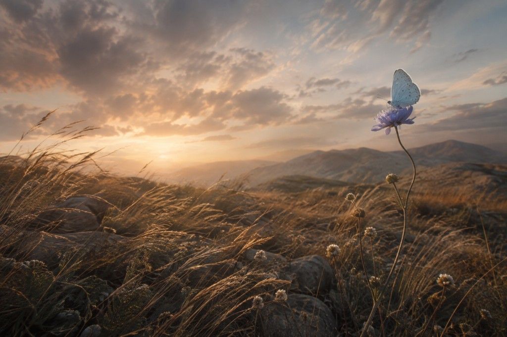 Mariposa azul posada sobre una flor alta entre hierbas movidas por el viento en un paisaje abierto.