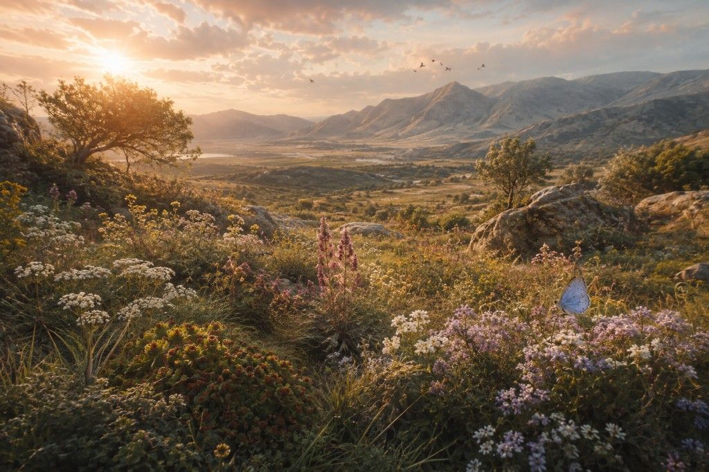 Paisaje montañoso lleno de flores y vegetación diversa, con una pequeña mariposa azul entre las plantas.