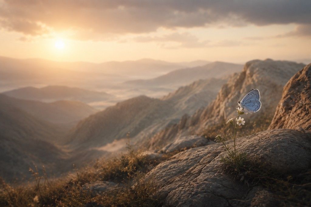 Mariposa azul quieta sobre una pequeña flor entre rocas, ante un paisaje montañoso sereno.