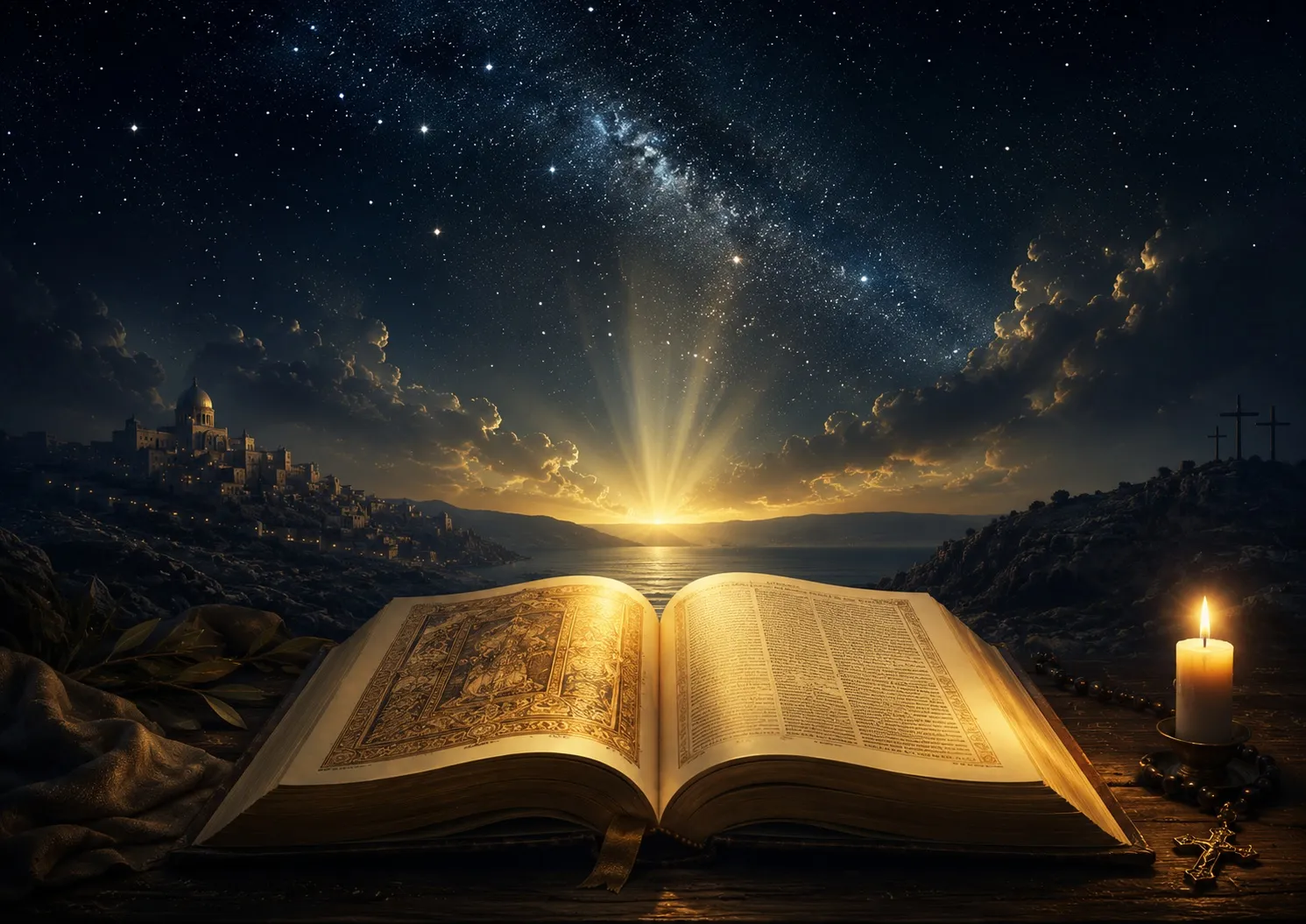Biblia abierta iluminada bajo un cielo nocturno estrellado, imagen de identidad de My Bible Pulse.