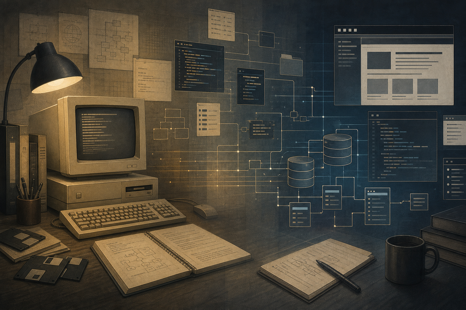 Un ordenador personal de los años noventa que evoluciona hacia diagramas conectados de aplicaciones web y bases de datos.