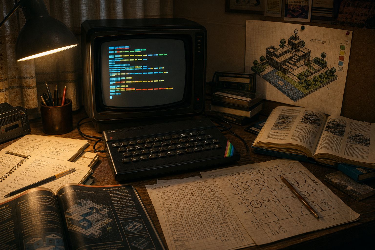Un escritorio doméstico de informática de los años ochenta con un ordenador de 8 bits, monitor CRT, notas de programación, revistas, un boceto isométrico y estadísticas de baloncesto.