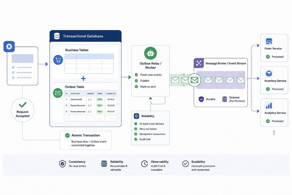 Transacción atómica entre tablas de negocio y Outbox, relay hacia broker y consumidores.