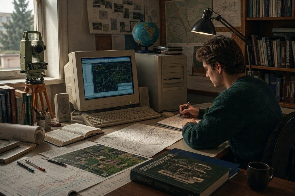 Ilustración de un estudiante trabajando con cartografía y topografía junto a un PC de los años noventa y una estación total.