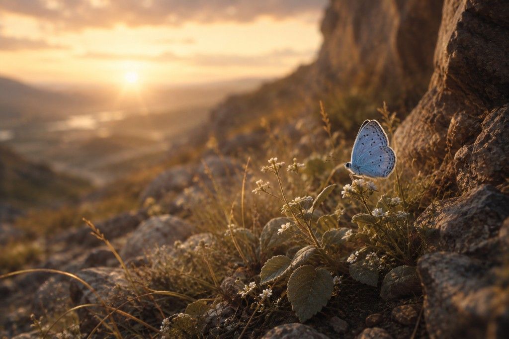 Pequeña mariposa azul posada entre flores silvestres y rocas bajo la luz cálida del atardecer.